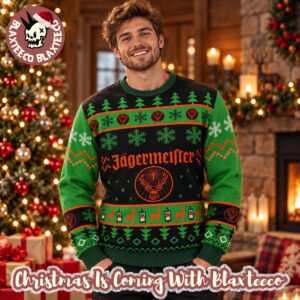 Jagermeister Orange Logo With Deer And Snowflakes Pine Tree Pattern Ugly Sweater