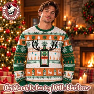 Jagermeister Reindeer Bottle Signature Green And Orange Christmas Ugly Sweater