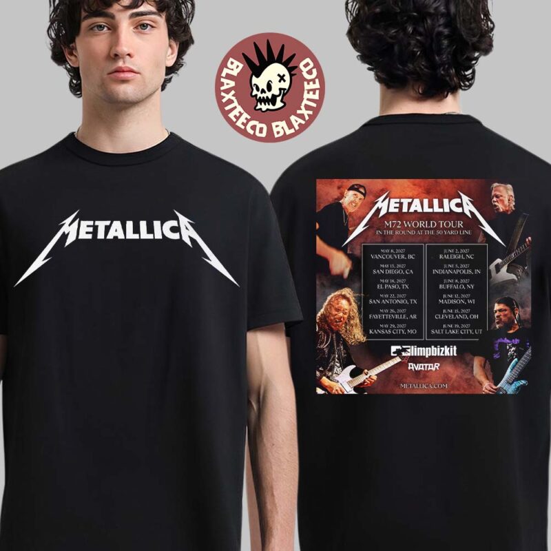 Metallica M72 World Tour North America 2027 Schedule Dates In The Round At The 50 Yard Line Two Sided T Shirt