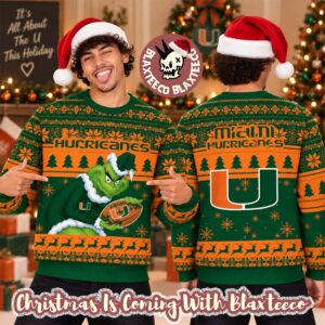 Miami Hurricanes NCAA Grinch Stole The Ball Festive 2026 Christmas Ugly Sweater