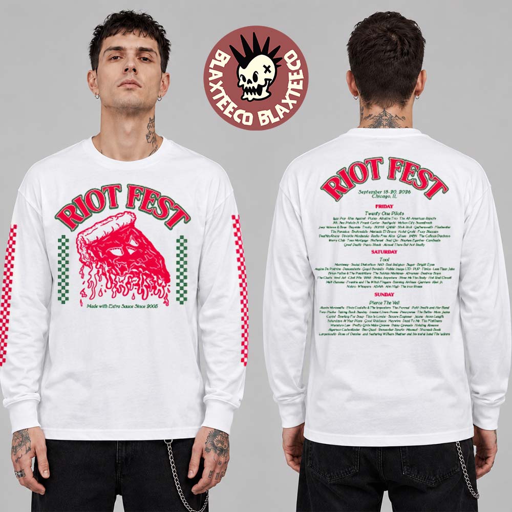Riot Fest 2026 Chicago Merch At Douglass Park September 18-20 Pizza Lineup Long Sleeve Riot Fest 2026 Chicago Merch At Douglass Park September 18-20 Pizza Lineup Long Sleeve