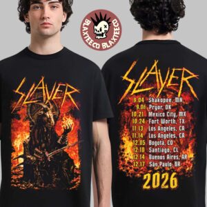 Slayer Reign in Blood 40th Anniversary Tour 2026 Merch Flame Goat Holding Sword Two Sided T-Shirt