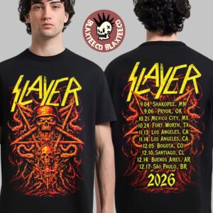 Slayer Reign in Blood 40th Anniversary Tour 2026 Merch Skull Pentagon With Dates Back T-Shirt