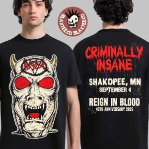 Slayer Shakopee MN 2026 Exclusive Merch Tee Reign In Blood 40 Anniversary Tour September 4 2026 T-Shirt