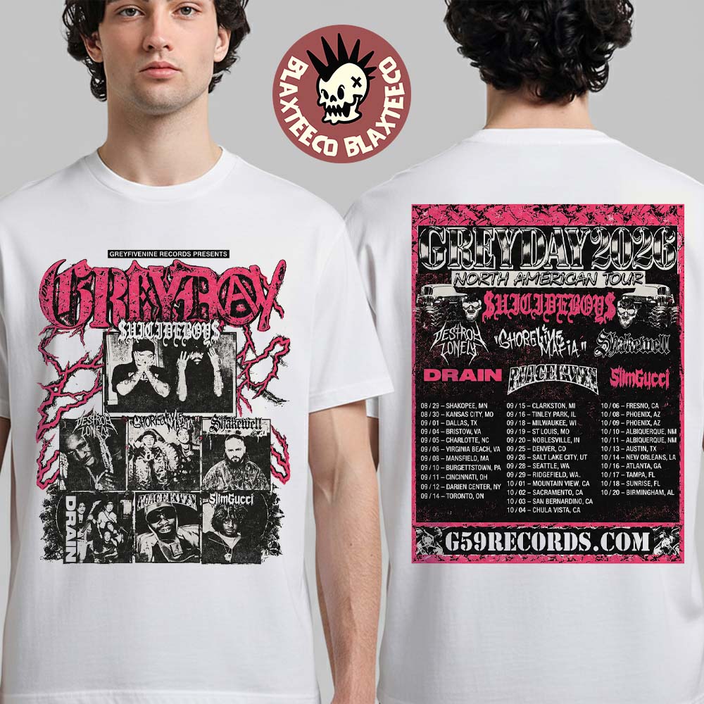 $uicideboy$ Greyday 2026 Tour Merch Lineup Photo T-Shirt $uicideboy$ Greyday 2026 Tour Merch Lineup Photo T-Shirt