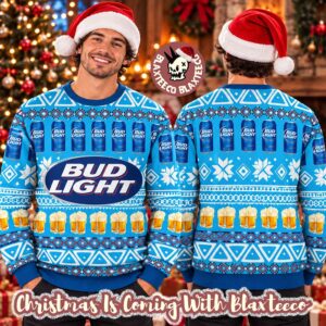 Bud Light Beer Can Pattern Blue Christmas Ugly Sweater