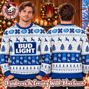 Bud Light Beer Lover Snowflakes And Deer White And Blue 2026 Christmas Ugly Sweater