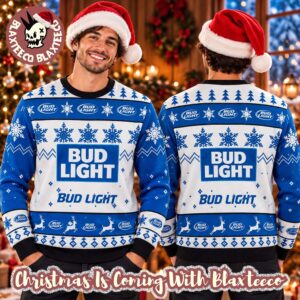 Bud Light Beer Snowflakes And Deer Knitting Pattern Blue And White Holiday Ugly Sweater