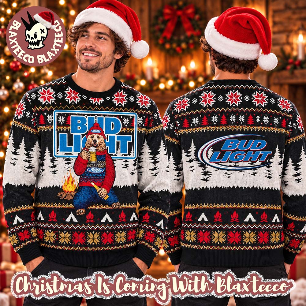 Bud Light Big Logo Bear Wearing Sweater Drinking Bud Light Funny Ugly Sweater 2026 Bud Light Big Logo Bear Wearing Sweater Drinking Bud Light Funny Ugly Sweater 2026