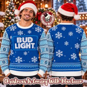 Bud Light Big Logo Blue And White Snowflakes Detail Christmas Ugly Sweater