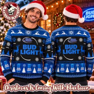 Bud Light Big Logo With Reindeer Detail Black And Blue Christmas Ugly Sweater