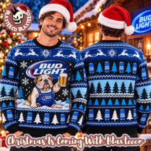 Bud Light Funny Bulldog Cheeromg Bud Light Beer In The Snowly Night Ugly Sweater