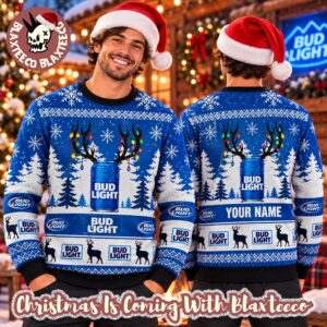 Bud Light Reindeer Can Blue And White Personalized Christmas Ugly Sweater
