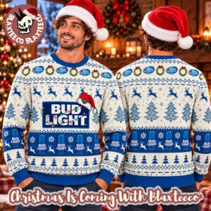 Bud Light Reindeer Snowy Night Snowflakes and Pine Tree Pattern Ugly Sweater
