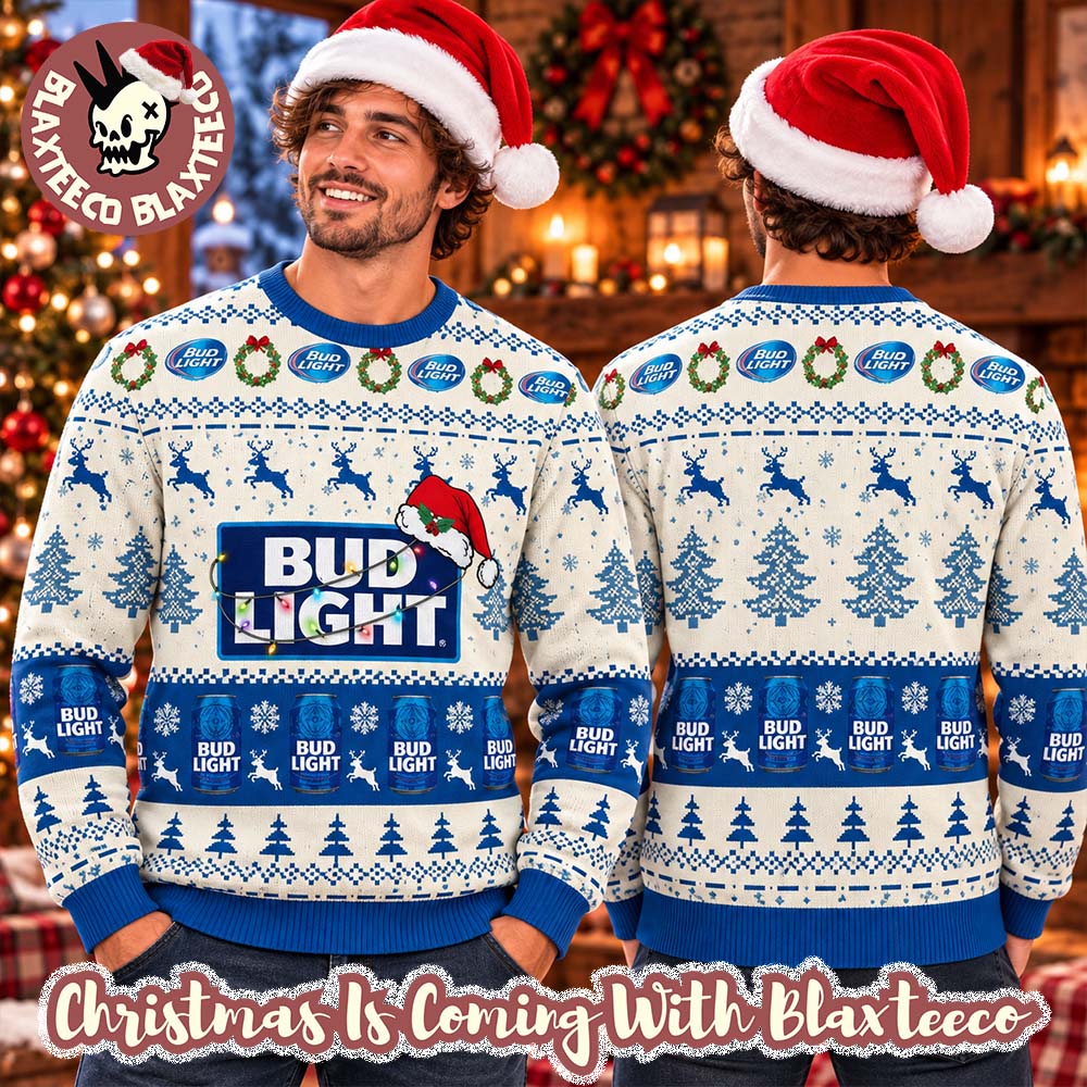 Bud Light Reindeer Snowy Night Snowflakes and Pine Tree Pattern Ugly Sweater Bud Light Reindeer Snowy Night Snowflakes and Pine Tree Pattern Ugly Sweater