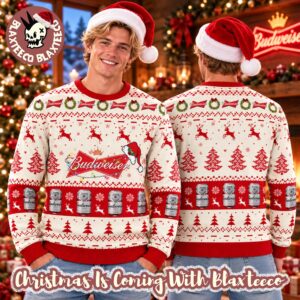 Budweiser Big Logo With Christmas Lights And Santa Hat Snowy Holiday Ugly Sweater