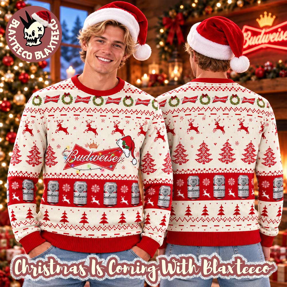 Budweiser Big Logo With Christmas Lights And Santa Hat Snowy Holiday Ugly Sweater Budweiser Big Logo With Christmas Lights And Santa Hat Snowy Holiday Ugly Sweater