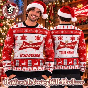 Budweiser Logo Snowflakes And Pine Trees Red And White Personalized Christmas Ugly Sweater
