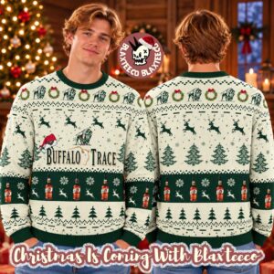 Buffalo Trace Bourbon With Christmas Lights And Santa Hat Reindeer Snowy Night Ugly Sweater