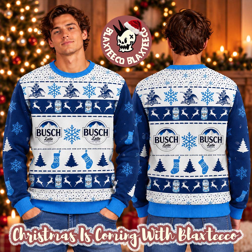 Busch Latte Breezy Snowflakes And Stocking Christmas Ugly Sweater Busch Latte Breezy Snowflakes And Stocking Christmas Ugly Sweater