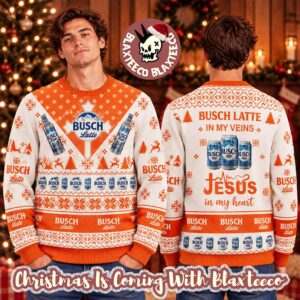 Busch Latte In My Veins Jesus In My Heart Orange And White Funny Ugly Christmas Sweater