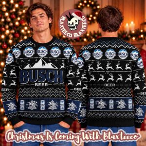 Busch Light Beer Logo Knitted Pattern In Black Christmas Ugly Sweater 2026