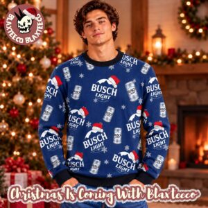 Busch Light Beer Logo Santa Hat Pattern Blue Christmas Ugly Sweater