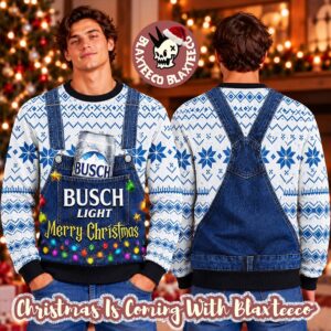 Busch Light Beer Merry Christmas Denim Overalls Ugly Christmas Sweater