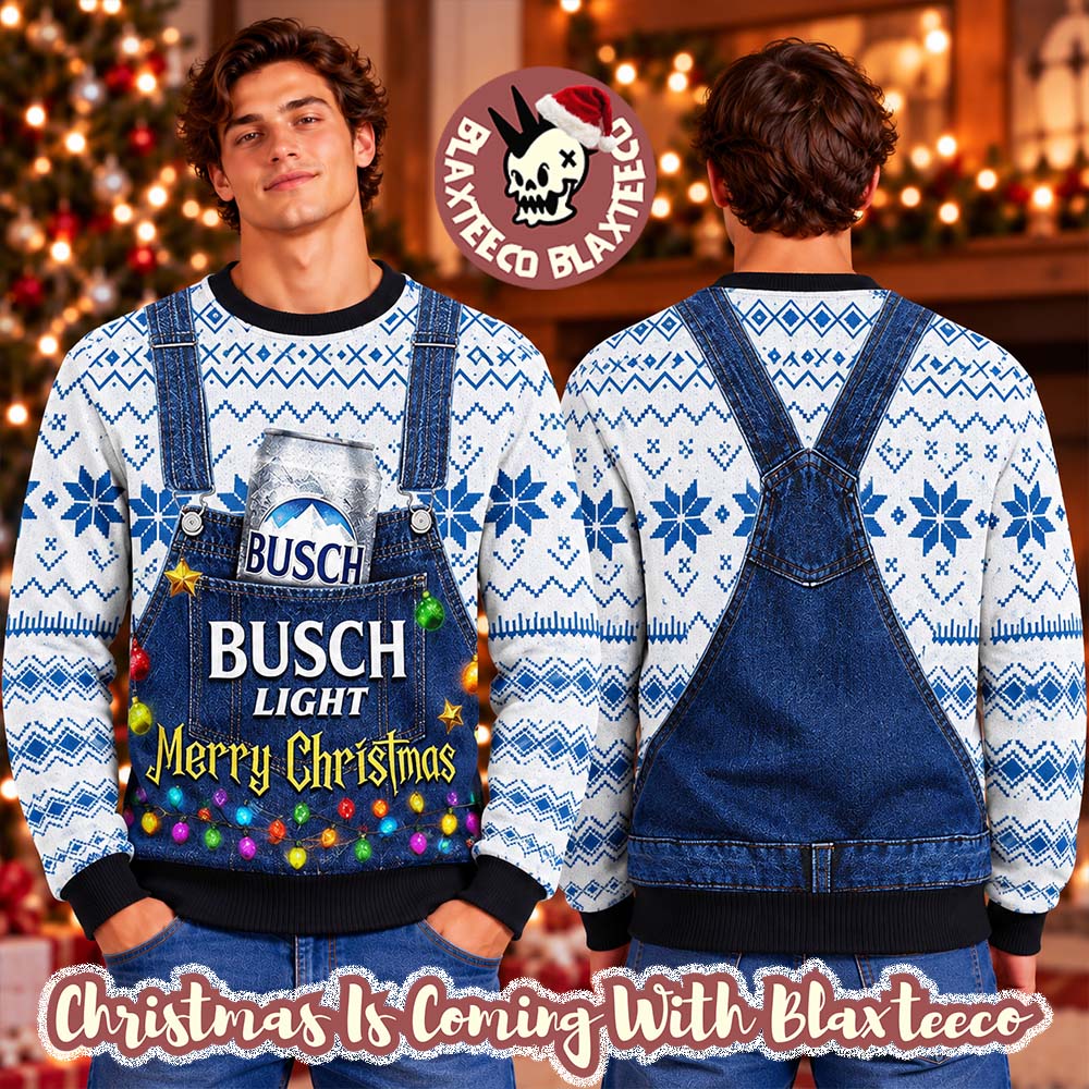 Busch Light Beer Merry Christmas Denim Overalls Ugly Christmas Sweater Busch Light Beer Merry Christmas Denim Overalls Ugly Christmas Sweater