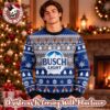 Busch Light Big Logo With Pine Tree Pattern Snowy Ugly Christmas Sweater