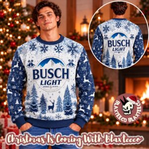 Busch Light Big Logo With Pine Tree Pattern Snowy Ugly Christmas Sweater