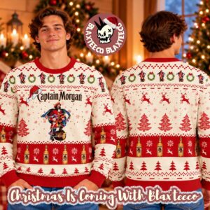 Captain Morgan Logo Christmas Light And Santa Hat Reindeer Snowy Beige And Red Holiday Ugly Sweater