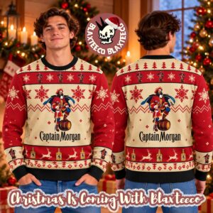 Captain Morgan Logo With Snowflakes Knitting Pattern Beige And Red Ugly Christmas Sweater 2026