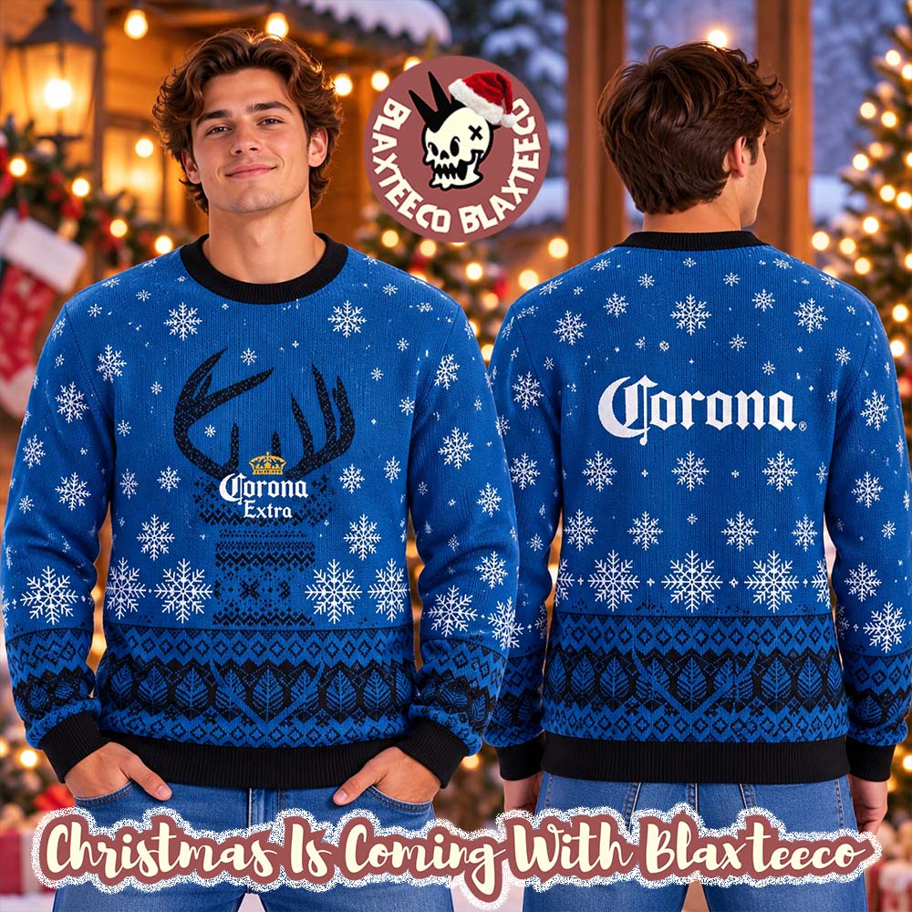Corona Extra Beer Reindeer Snowy Night Blue Ugly Christmas Sweater Corona Extra Beer Reindeer Snowy Night Blue Ugly Christmas Sweater