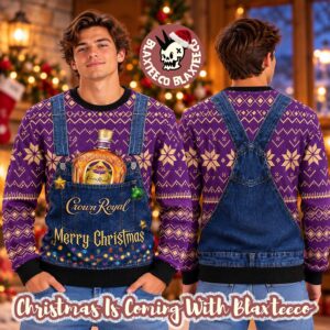 Crown Royal Whiskey Merry Christmas Denim Overalls Knitted Christmas Ugly Sweater