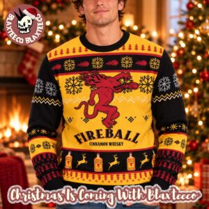 Fireball Cinnamon Whisky Big Logo Signature Yellow Red Black Knitted Christmas Ugly Sweater