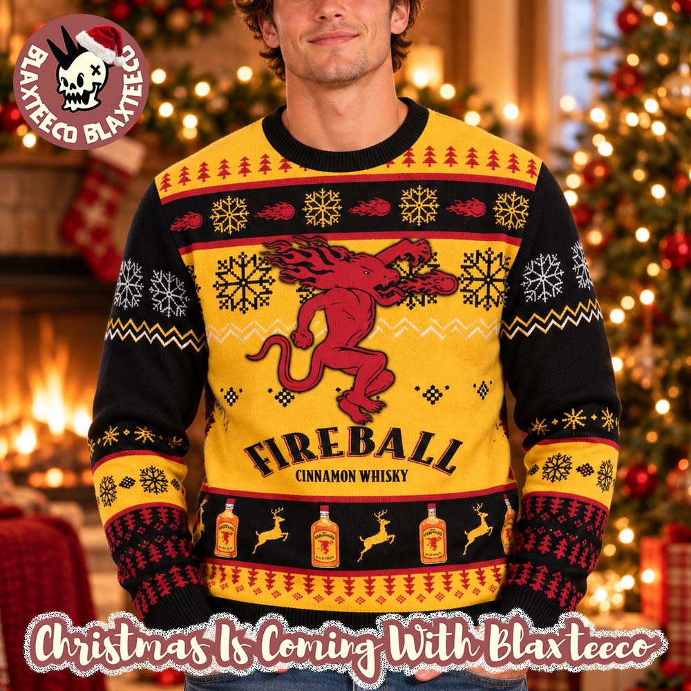 Fireball Cinnamon Whisky Big Logo Signature Yellow Red Black Knitted Christmas Ugly Sweater Fireball Cinnamon Whisky Big Logo Signature Yellow Red Black Knitted Christmas Ugly Sweater