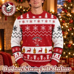 Fireball Cinnamon Whisky Knitting Snowflakes And Deer Pattern Red And White Christmas Ugly Sweater