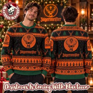 Jagermeister Snowflakes And Pine Tree In Orange And Black For Lovers Christmas Ugly Sweater
