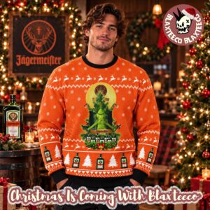 Jagermeister X Grinch Sitting Orange Knitting Christmas Ugly Sweater