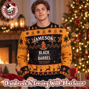 Jameson Black Barrel Whiskey Big Logo Personalized Black And Yellow Christmas Ugly Sweater