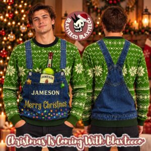 Jameson Irish Merry Christmas Denim Overalls Knitted Holiday Ugly Sweater
