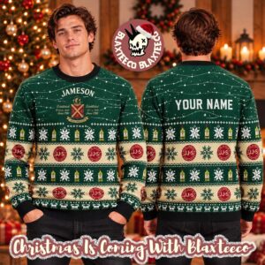 Jameson Irish Whiskey Personalized Christmas Twinkle Lights Knitted Green Ugly Christmas Sweater