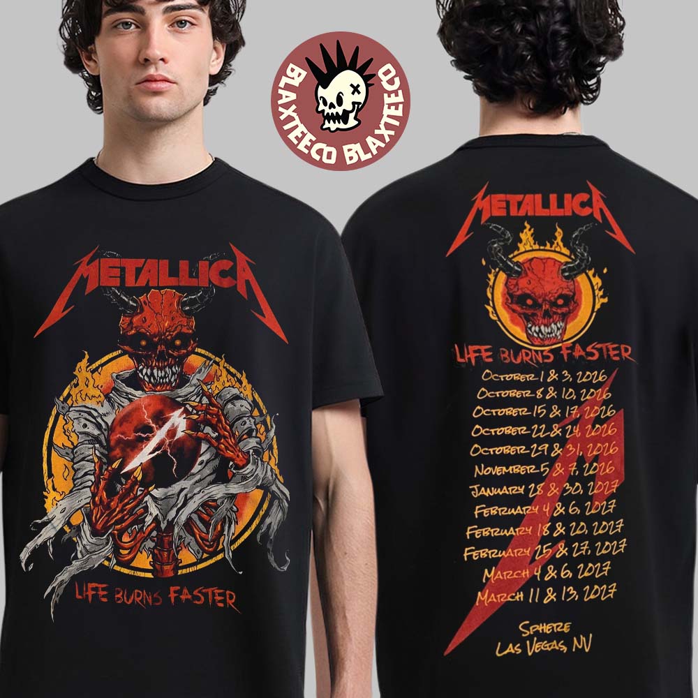 Metallica Life Burns Faster 2026 2027 Las Vegas Merch Tee Live At Sphere Tour Dates Red Demon Skeleton T-Shirt Metallica Life Burns Faster 2026 2027 Las Vegas Merch Tee Live At Sphere Tour Dates Red Demon Skeleton T-Shirt
