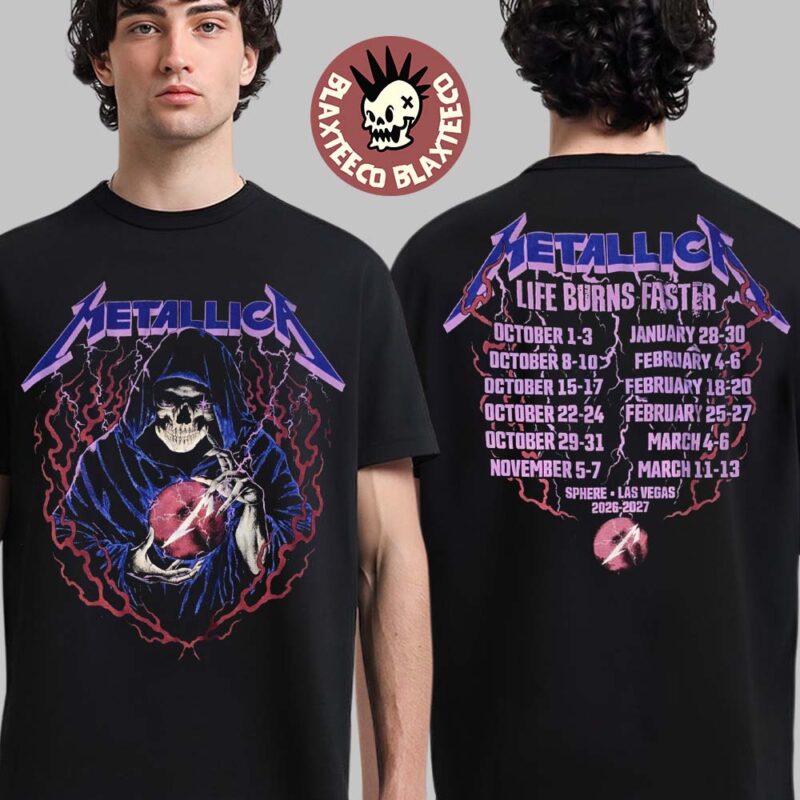 Metallica Life Burns Faster 2026 2027 Las Vegas Merch Tee Live At Sphere Tour Dates Skeleton Wizard Two Sided T Shirt