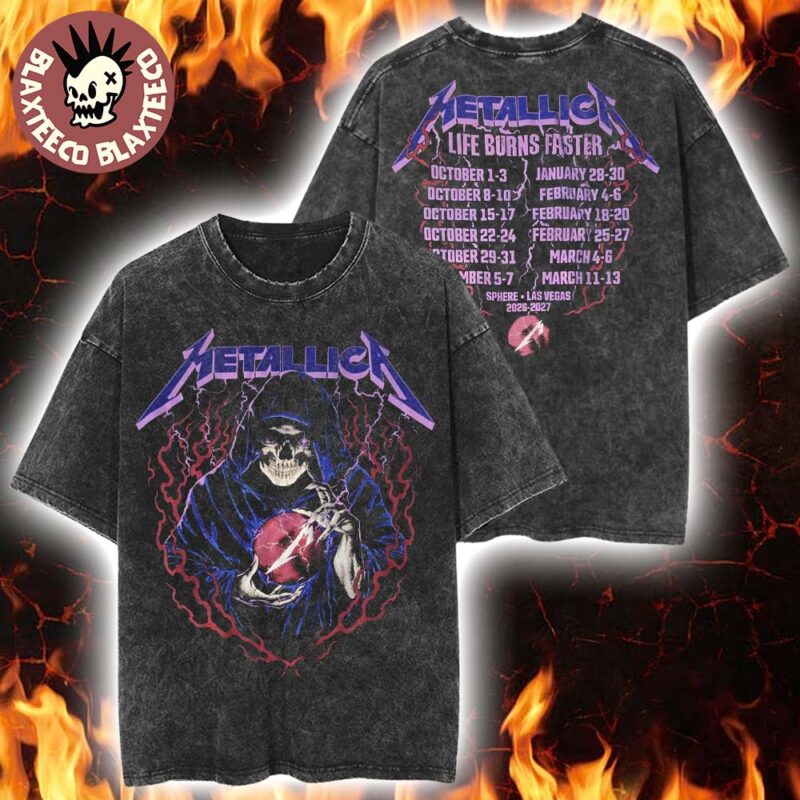 Metallica Life Burns Faster 2026 2027 Las Vegas Merch Tee Live At Sphere Tour Dates Skeleton Wizard Vintage Washed Tee