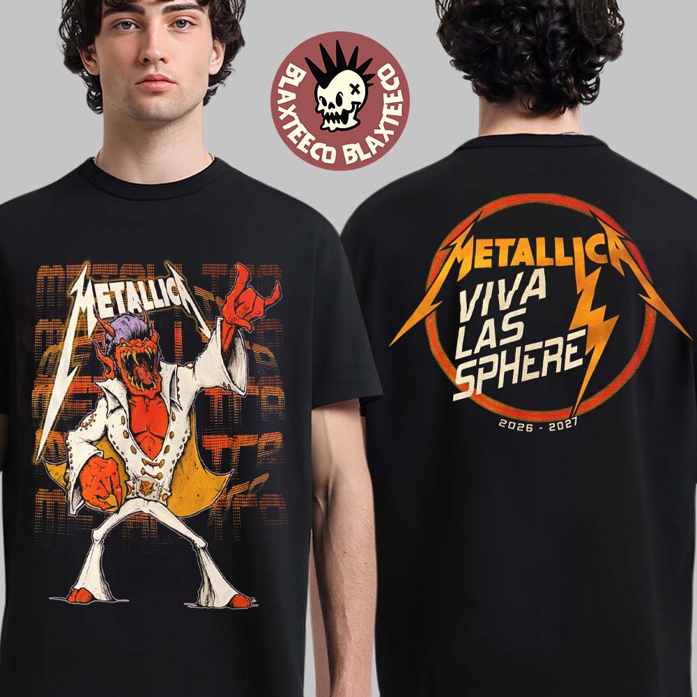 Metallica Viva Las Vegas Live At Sphere 2026 Life Burns Faster 2026 2027 Merch Elvis Red Demon Two Sided T-Shirt Metallica Viva Las Vegas Live At Sphere 2026 Life Burns Faster 2026 2027 Merch Elvis Red Demon Two Sided T-Shirt