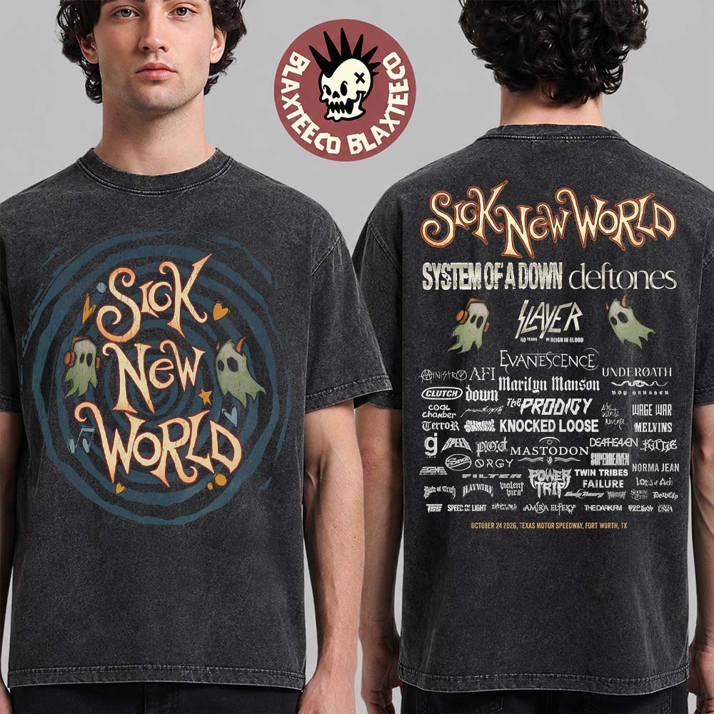Sick New World Texas 2026 Festival Merch Fort Worth TX At Texas Motor Speedway Oct 24 Ghost Spiral Lineup Vintage Washed Tee