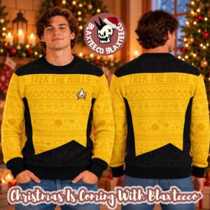 Star Trek Trek The Halls Captain Kirk Uniform Yellow Christmas Ugly Sweater