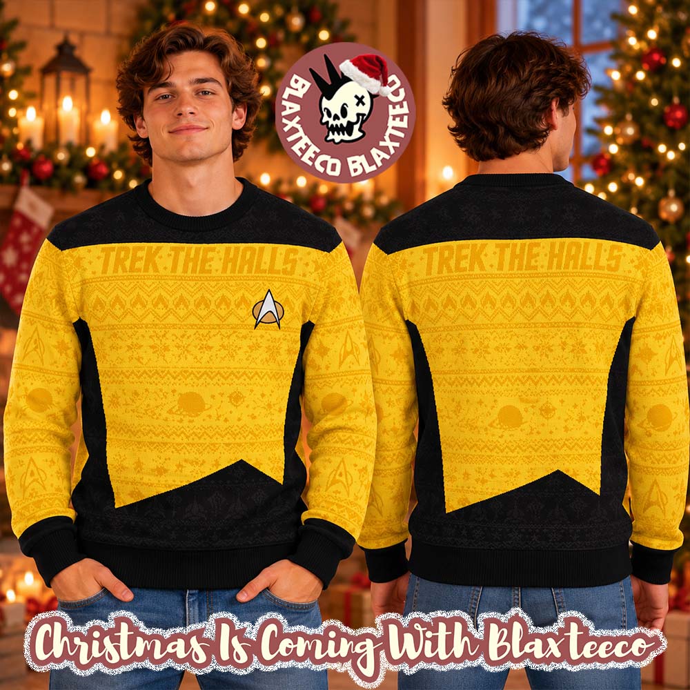 Star Trek Trek The Halls Captain Kirk Uniform Yellow Christmas Ugly Sweater Star Trek Trek The Halls Captain Kirk Uniform Yellow Christmas Ugly Sweater